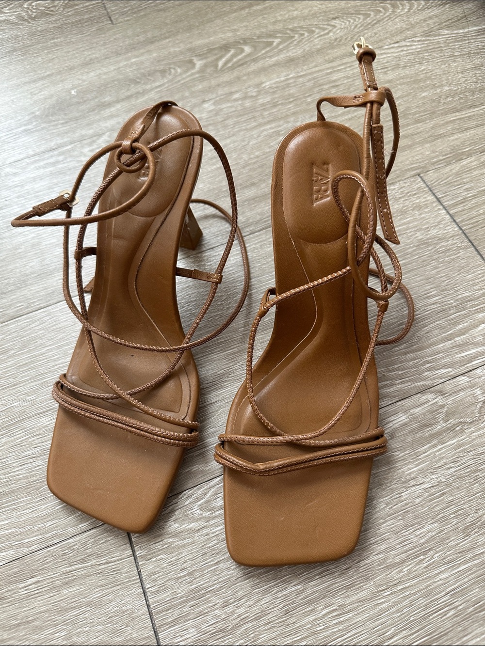 Zara Lace Up Cognac Strappy Square Toe Heeled Sandals